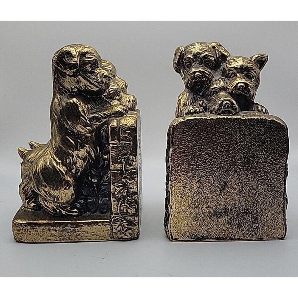 Vintage Gold Tone Cast Metal Terrier Puppies Looking Over Fence Bookends EUC